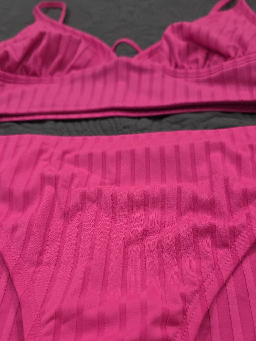 Bright Pink Ribbed Triangle Bikini Set - Picture 2 of 5